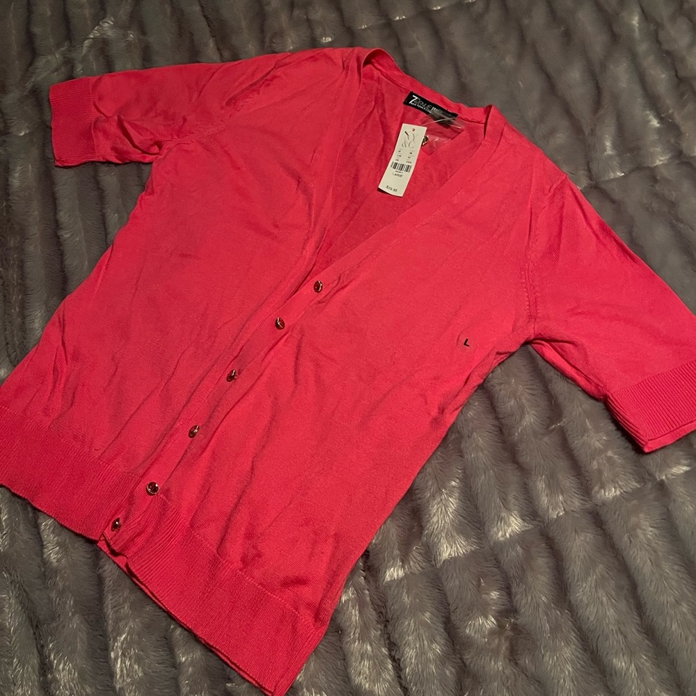 NWT~ NY&Co. Short sleeve button down sweater  Fushia- never worn